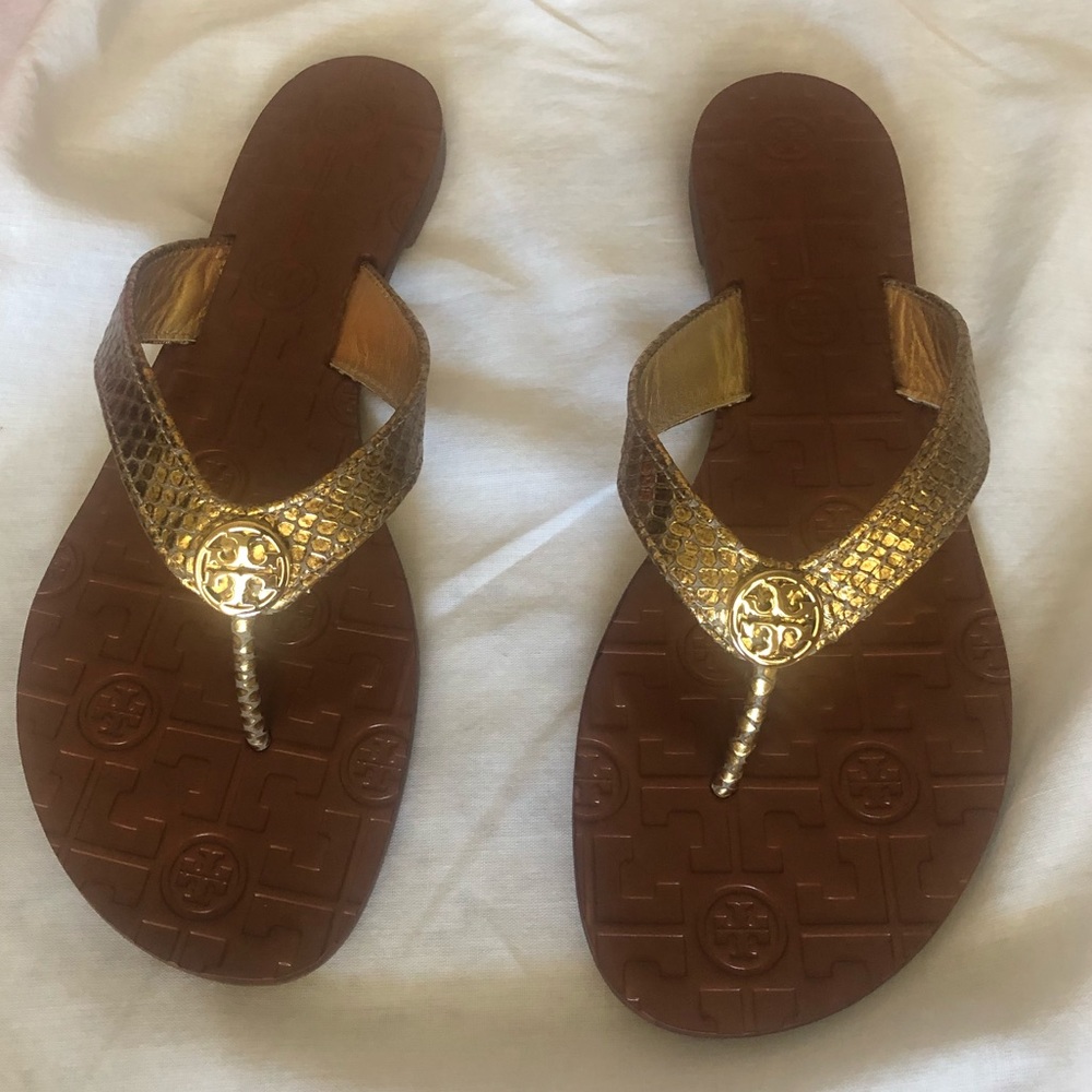 Tory Burch Gold Leather Snake Print Sandals size 9